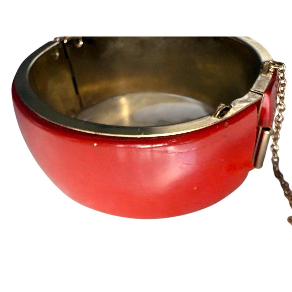 Vintage Red Enamel Hinged Clamper Bracelet Gold Tone Wide Cuff Bangle